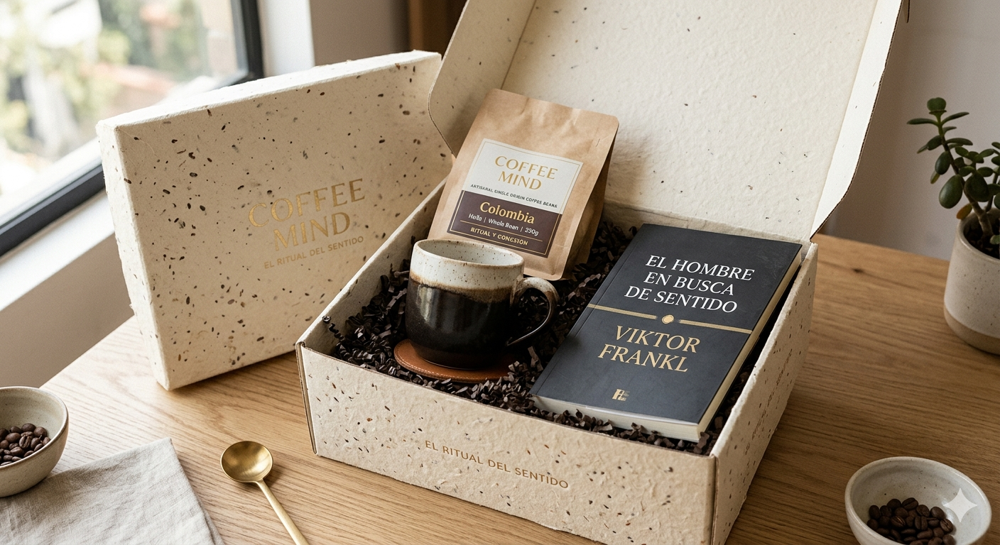 Coffee Mind - El Ritual del Sentido - Caja con café de especialidad, taza artesanal y libro El Hombre en Busca de Sentido
