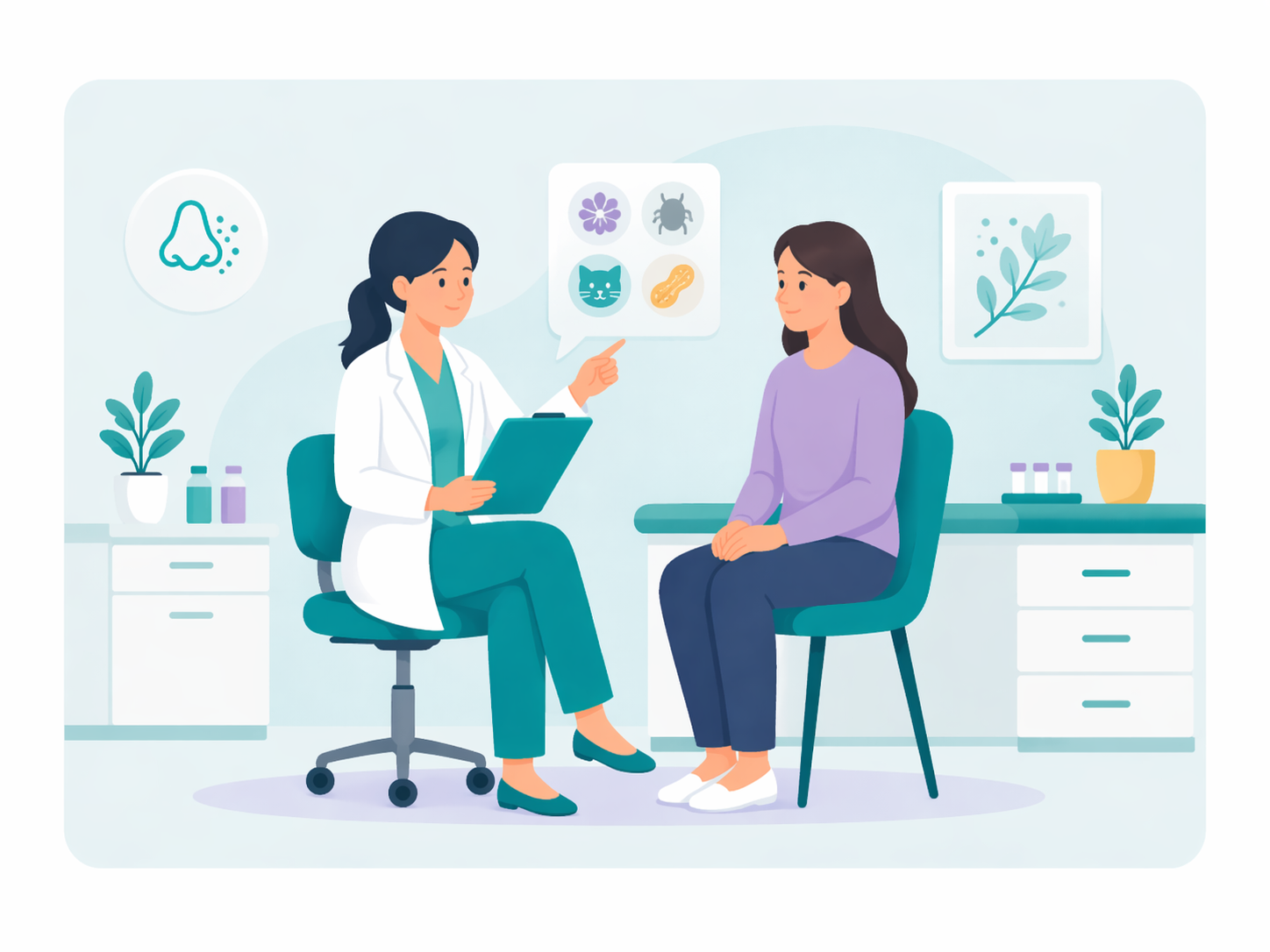 Doctor discussing allergies with patient showing common allergens