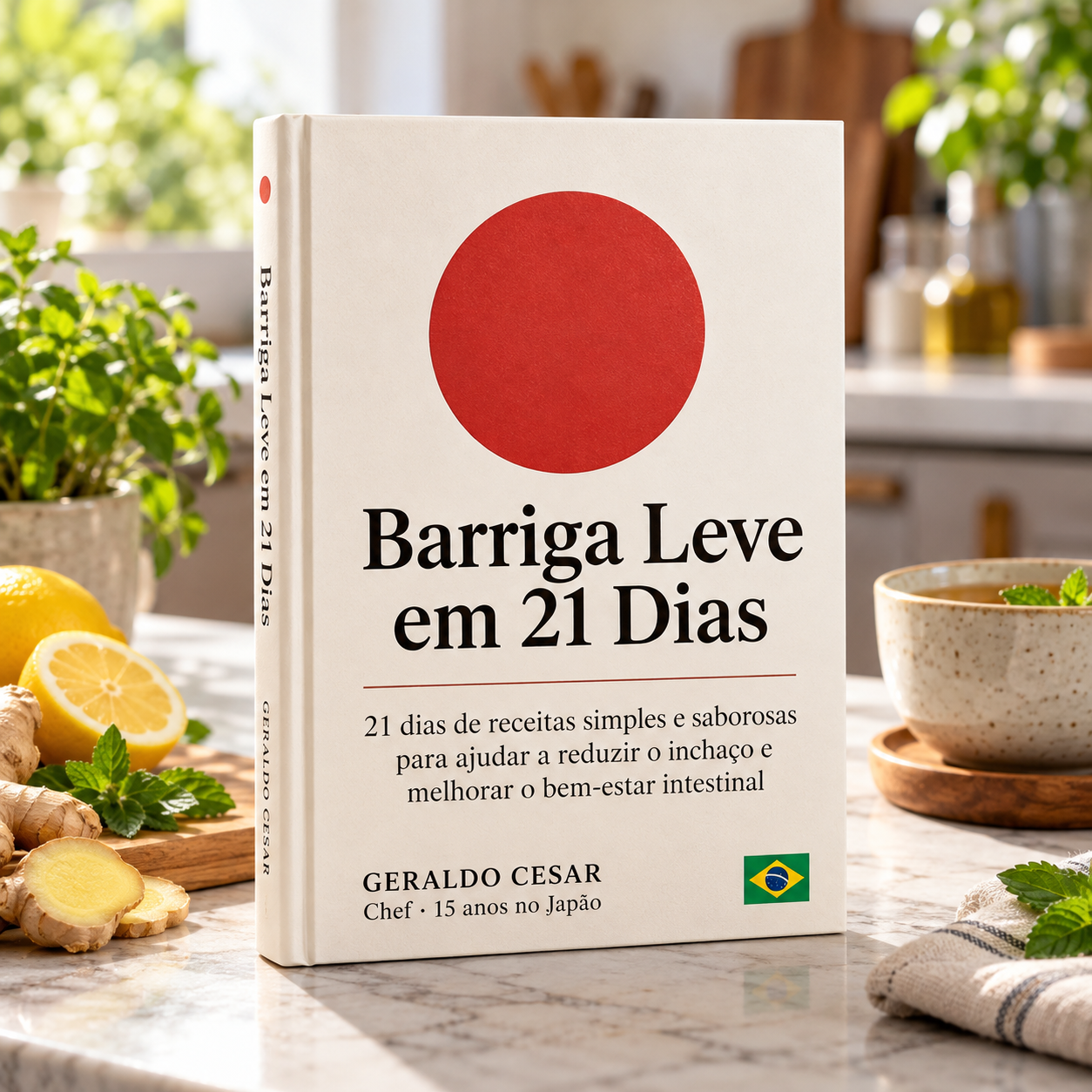 Livro Barriga Leve em 21 Dias sobre uma bancada iluminada, cercado por limão, gengibre e hortelã