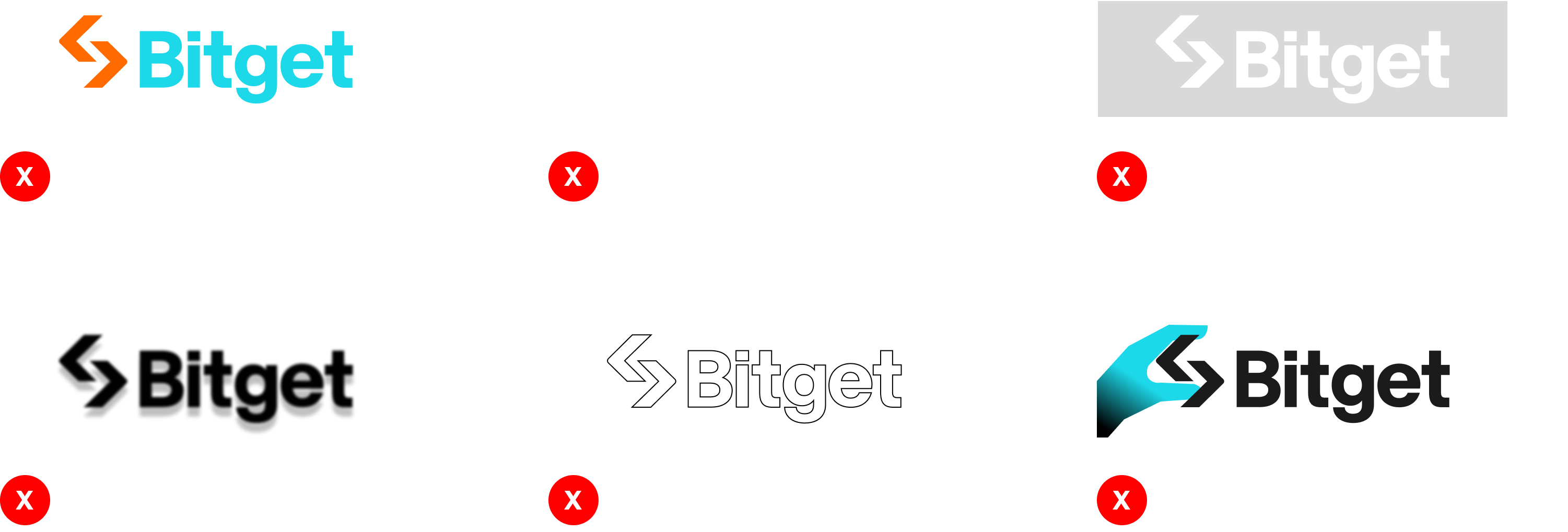 Logo Don'ts — incorrect usage examples including wrong colors, drop shadow, outline only, low contrast background, and 3D gradient effects