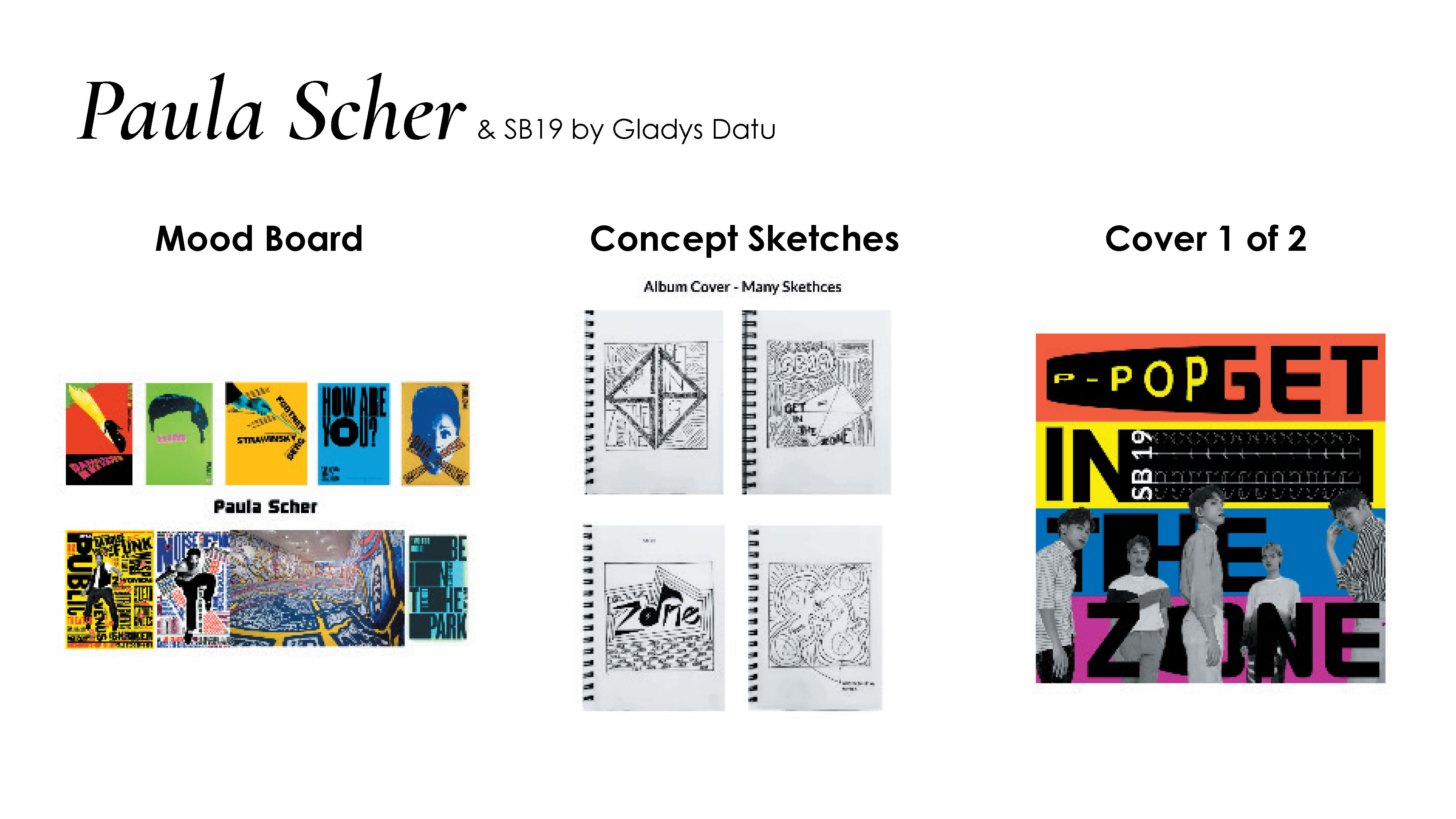 Student board showing a Paula Scher mood board, four concept sketches, and a colorful P-POP GET IN THE ZONE SB19 album cover