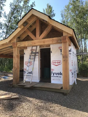 Timber frame outbuilding with Tyvek wrap