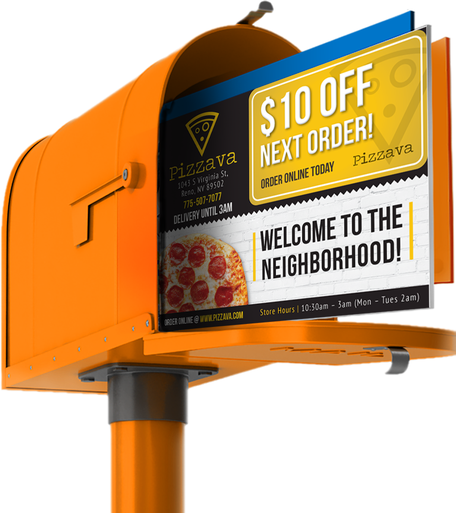 Orange mailbox with pizzeria direct mail postcards showing discount offers and menus