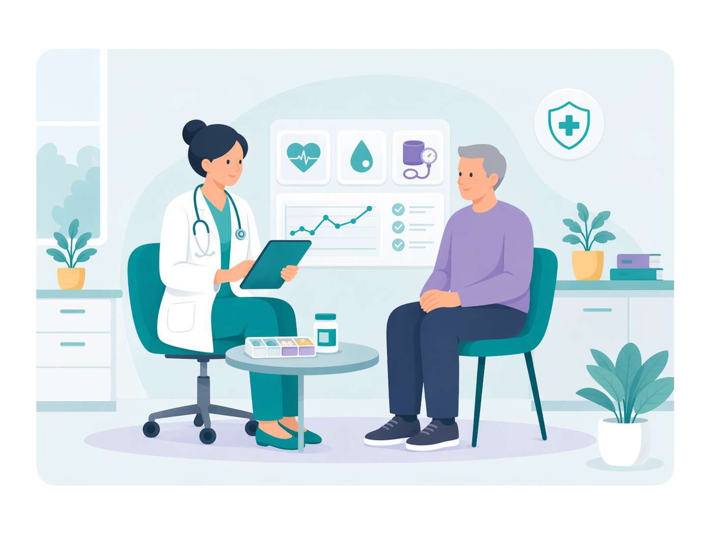 Doctor managing chronic disease with elderly patient showing health monitoring