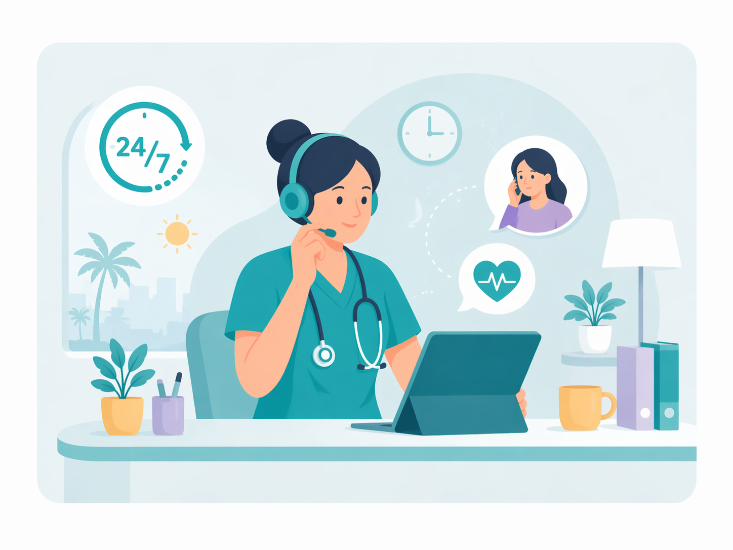 Nurse providing 24/7 telehealth support with headset