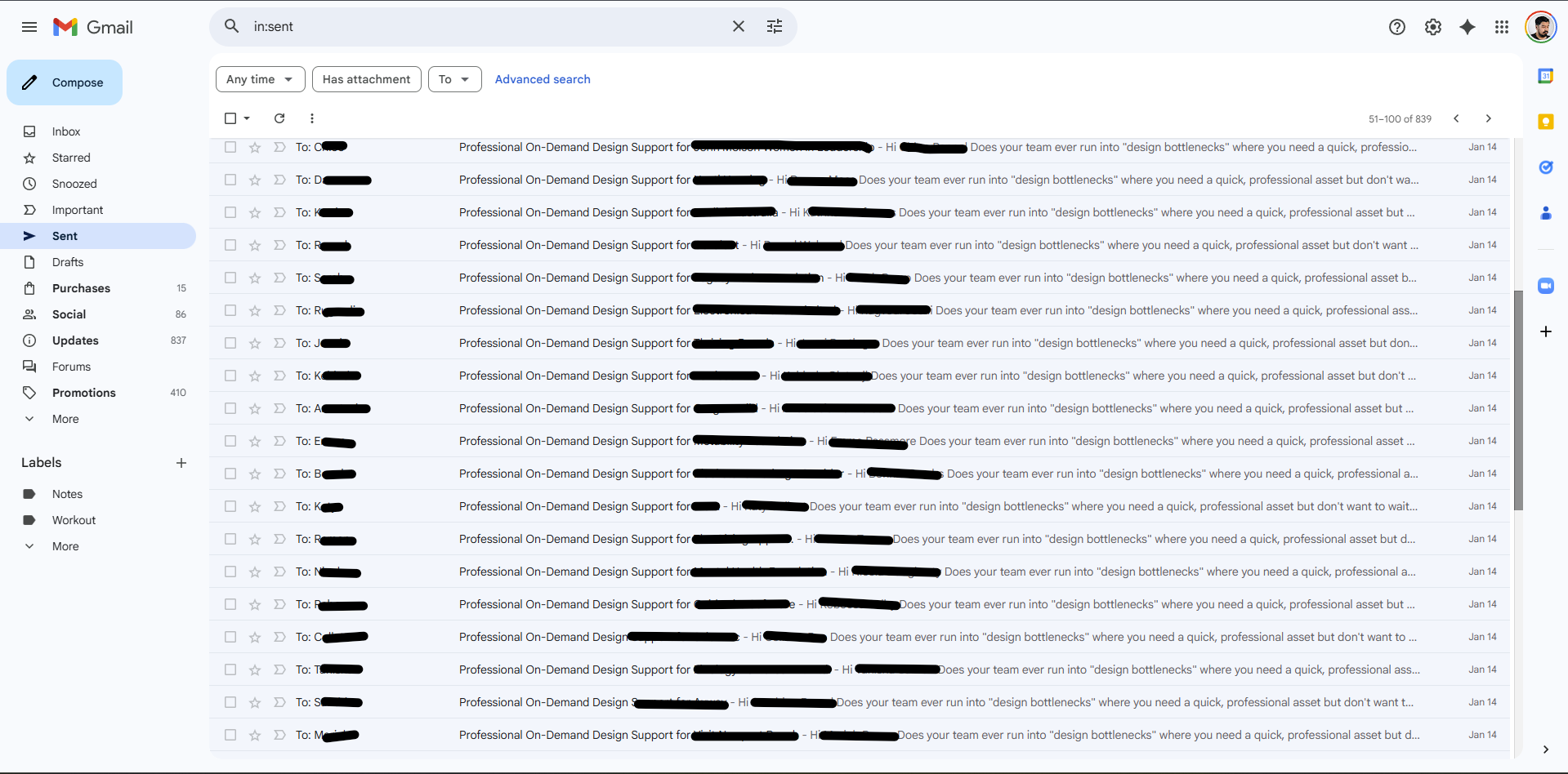 Gmail inbox showing 100 professional design support emails with no replies
