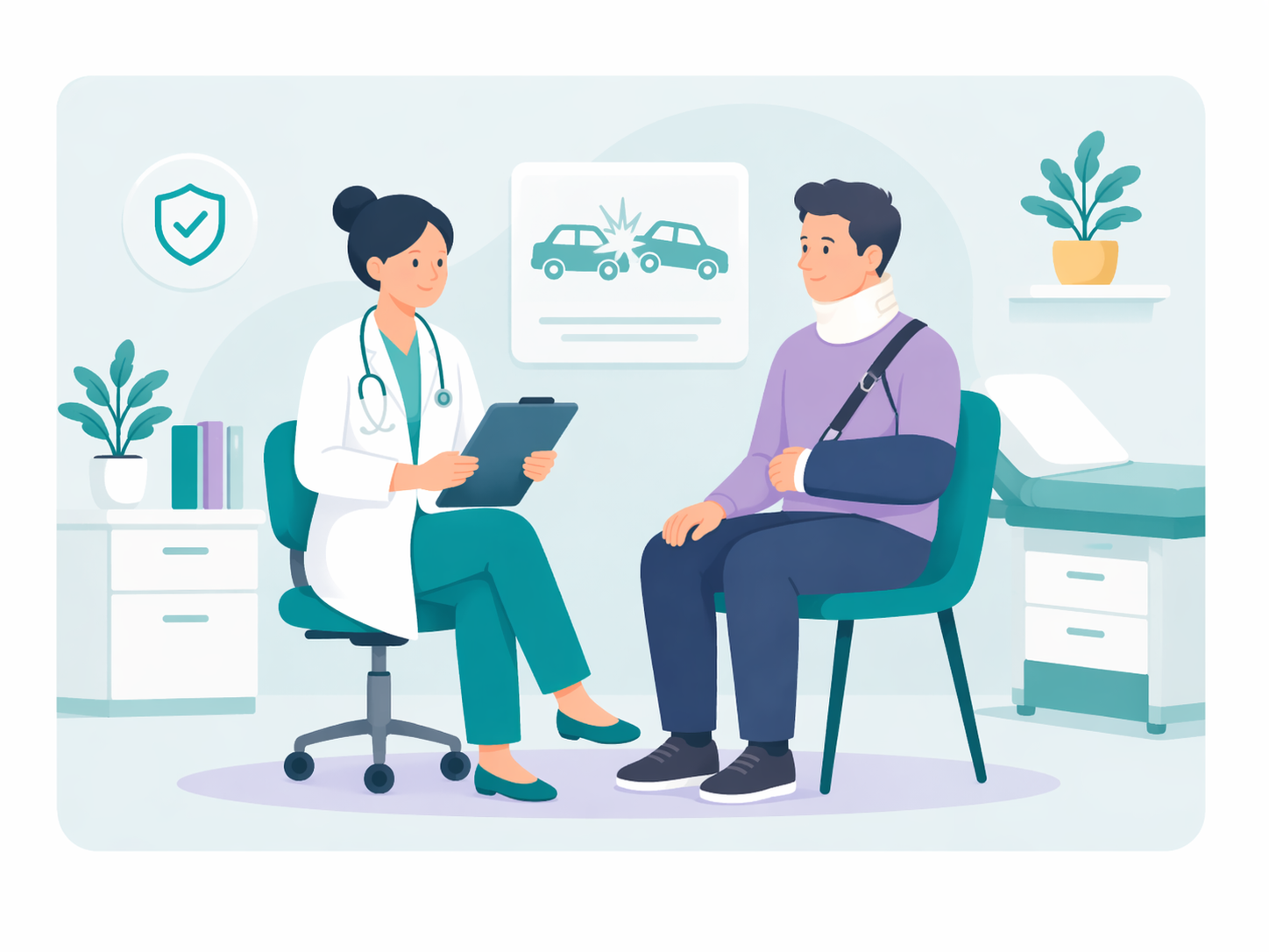 Doctor evaluating auto accident patient with neck brace