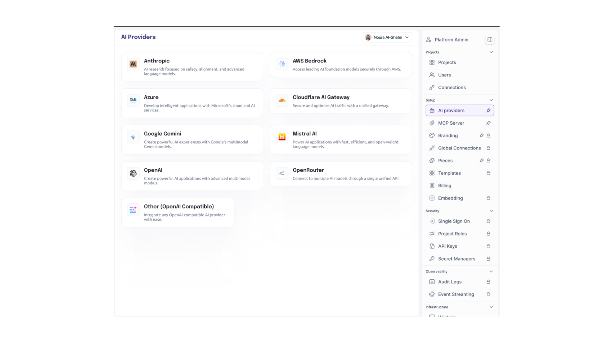 AiSurge AI Providers admin panel — Anthropic, AWS Bedrock, Azure, Gemini, Mistral, OpenAI, OpenRouter