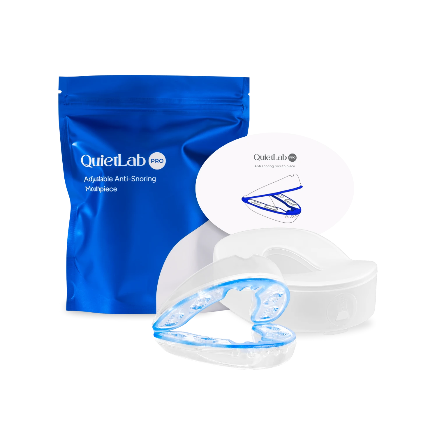 QuietLab Pro adjustable mouthpiece with blue pouch and protective case