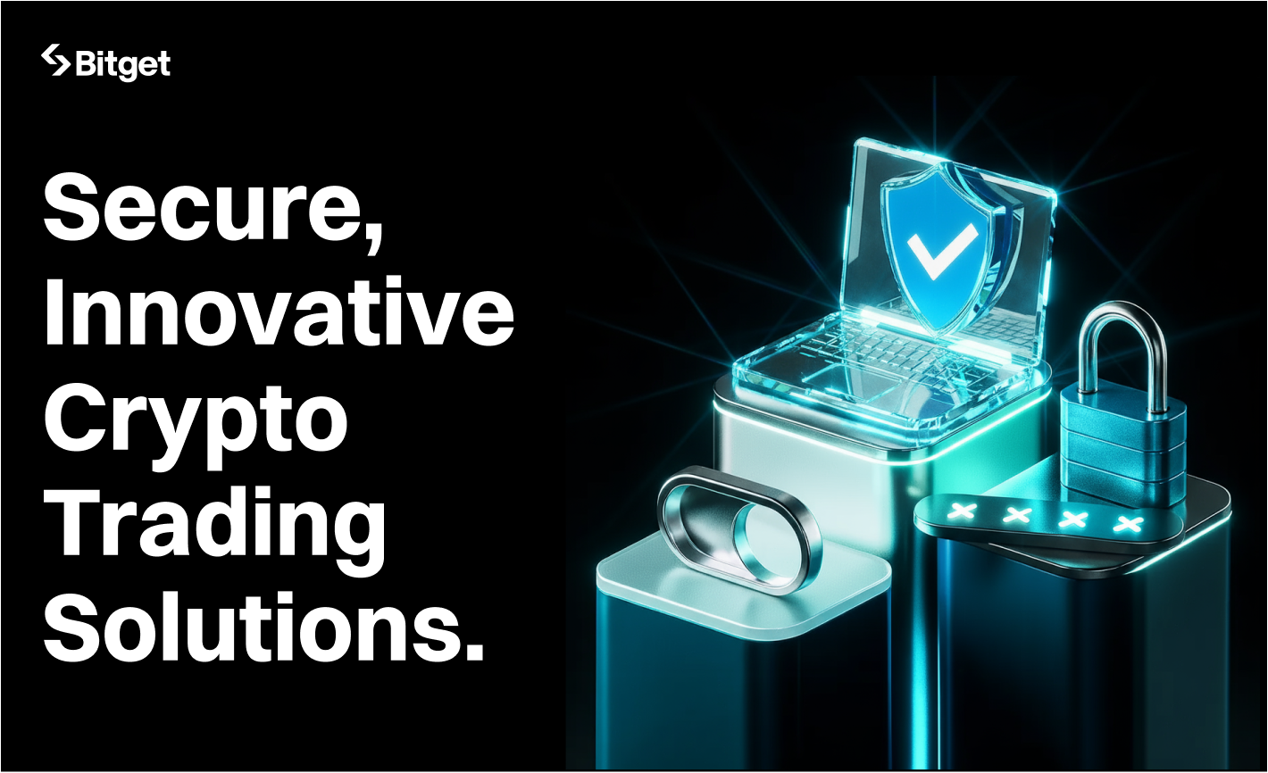 Secure Innovative Crypto Trading Solutions — glass laptop with neon shield and metal padlock on cyan pedestals