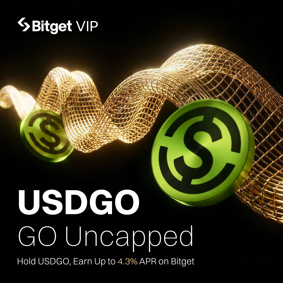 USDGO GO Uncapped — Bitget VIP, glowing gold mesh ribbon wave with two green USDGO coins