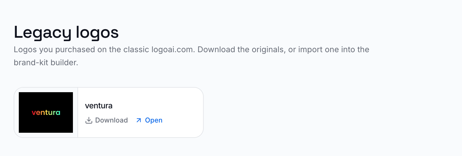 The Legacy logos section on the My Logos page, showing a card for the gradient "ventura" wordmark with Download and Open actions