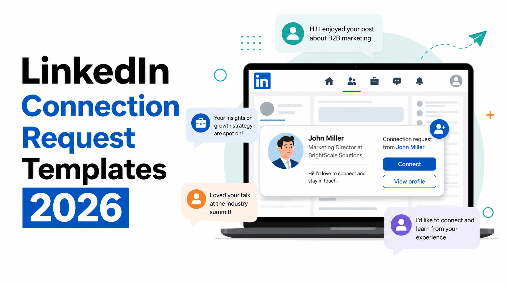 LinkedIn Connection Request Templates 2026 — illustrated LinkedIn interface with connection request messages and conversation bubbles, showing a B2B outreach scenario with John Miller, Marketing Director