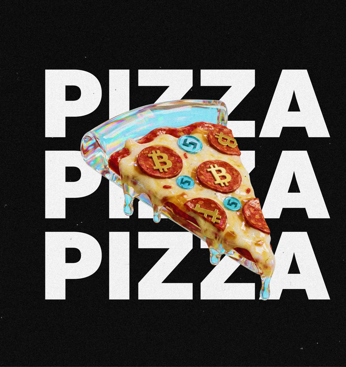 Pizza Pizza Pizza — glass pizza slice with Bitcoin and Bitget coin toppings over giant stacked white PIZZA lettering on black