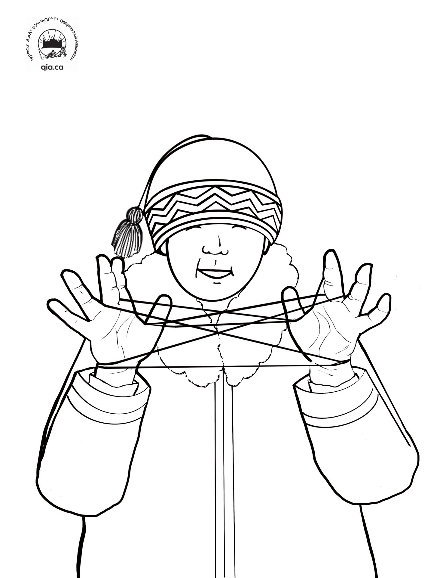 Line drawing of person in traditional clothing playing string game