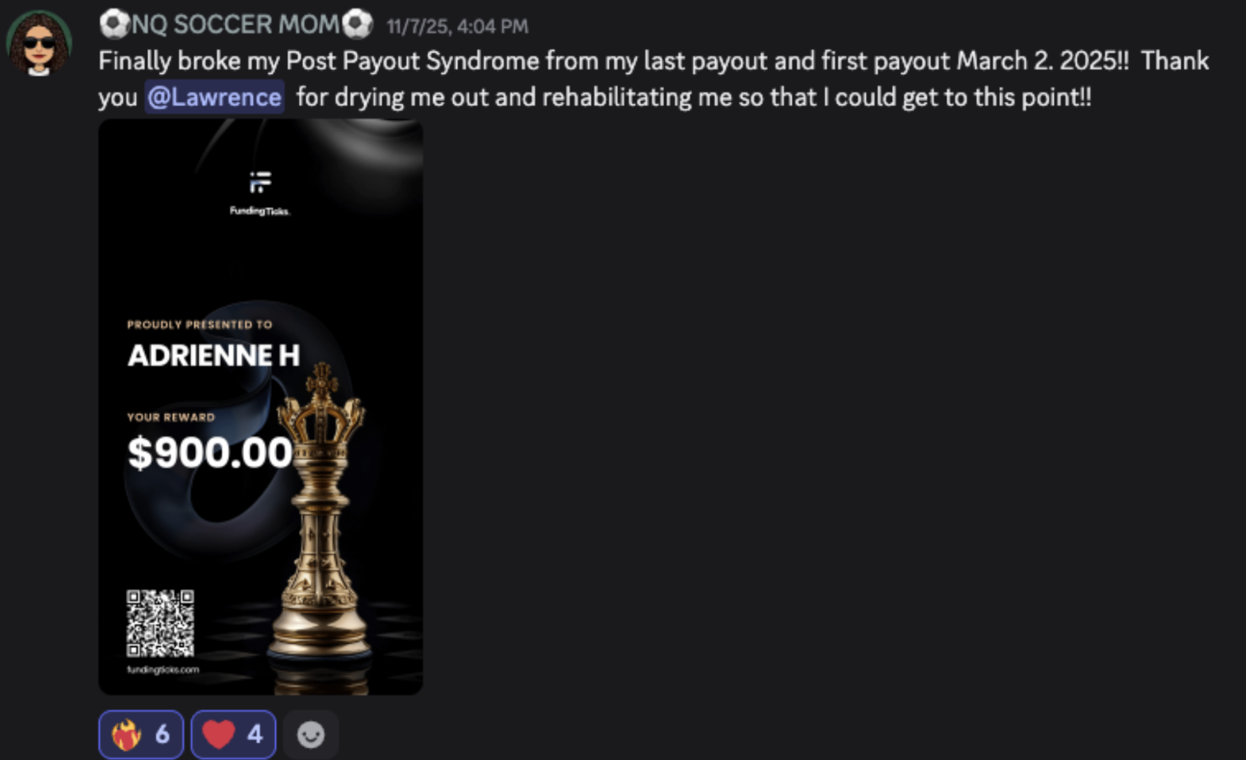 NQ Soccer Mom — FundingTicks $900 reward certificate