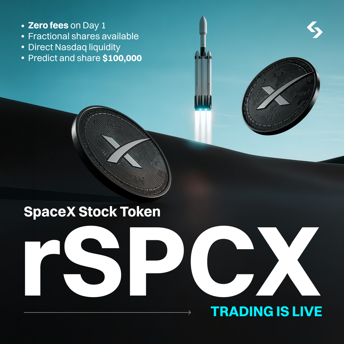 SpaceX Stock Token rSPCX Trading Is Live — metallic SpaceX coins on dune landscape with rocket launch