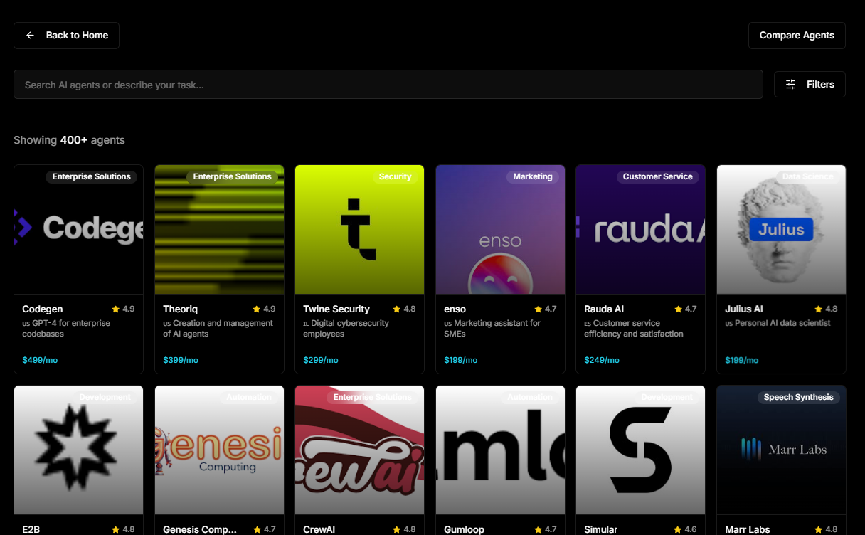 AI agent search interface showing various AI tools