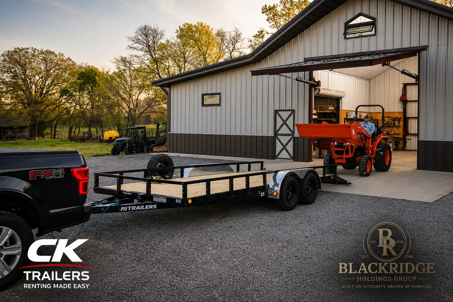 2026 PJ 20-foot utility trailer connected to a black Ford F-150 FX4 at a rural farm with an orange Kubota tractor — CK Trailers Powered by Blackridge Holdings Group