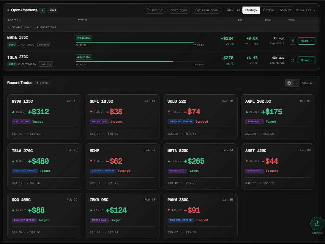 CoreStep Open Positions and Trade History — live NVDA and TSLA options with health bars, and 12-card recent trades grid with strategy tags