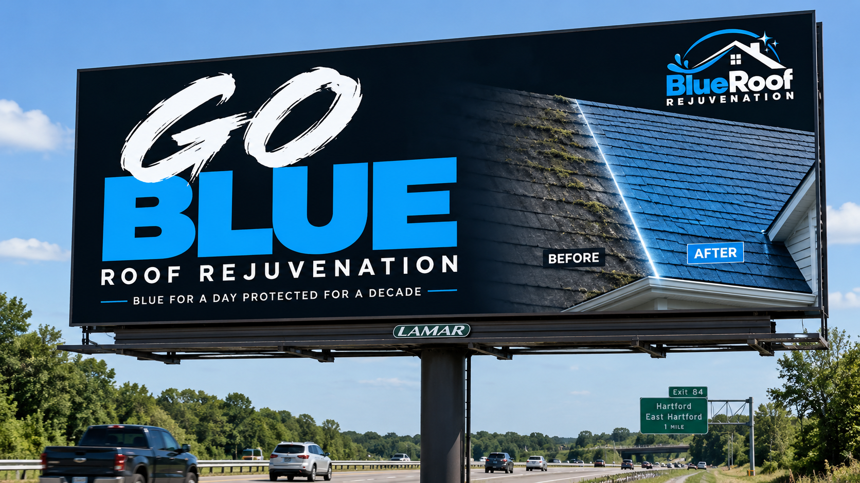 BlueRoof billboard showing a mossy roof transformed into a clean blue roof