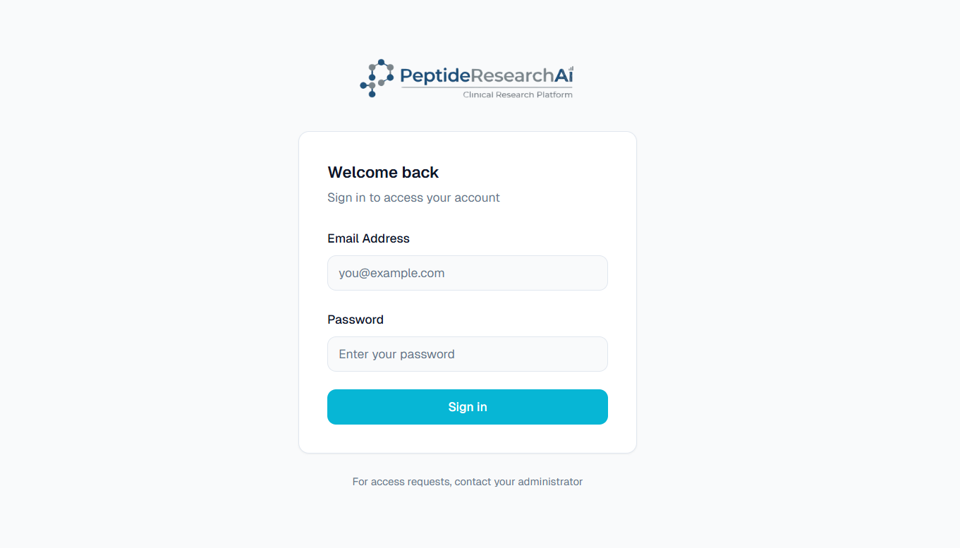 PeptideResearchAI Clinical Research Platform login screen