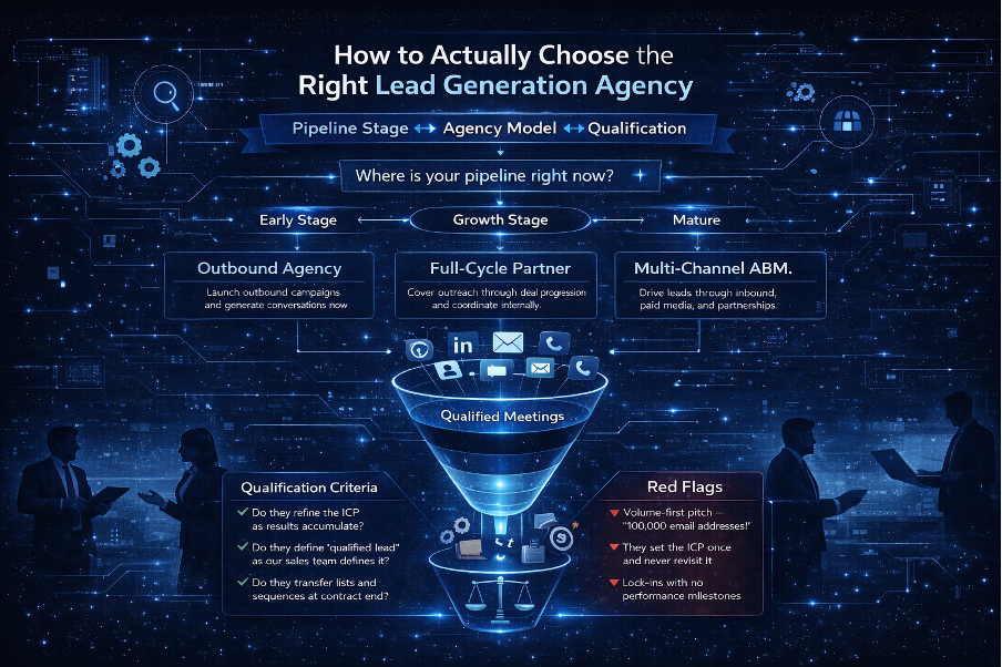 How to Actually Choose the Right Lead Generation Agency — pipeline stage framework matching Early Stage to Outbound Agency, Growth Stage to Full-Cycle Partner, and Mature to Multi-Channel ABM, with qualification criteria and red flags
