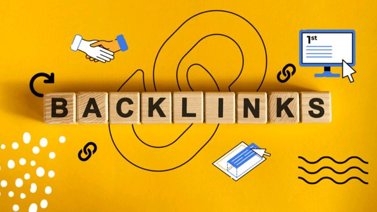 Backlinks SEO illustration with wooden letter tiles and digital marketing symbols