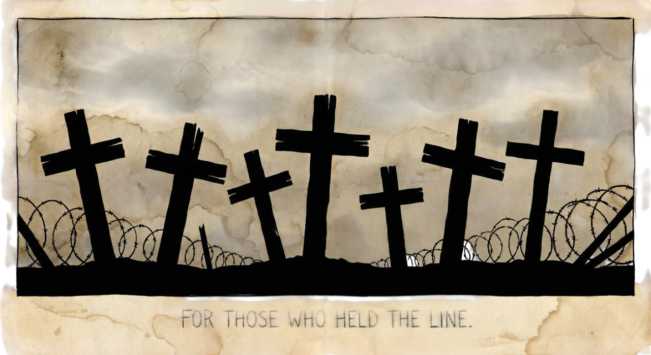 For those who held the line — Memorial crosses with barbed wire