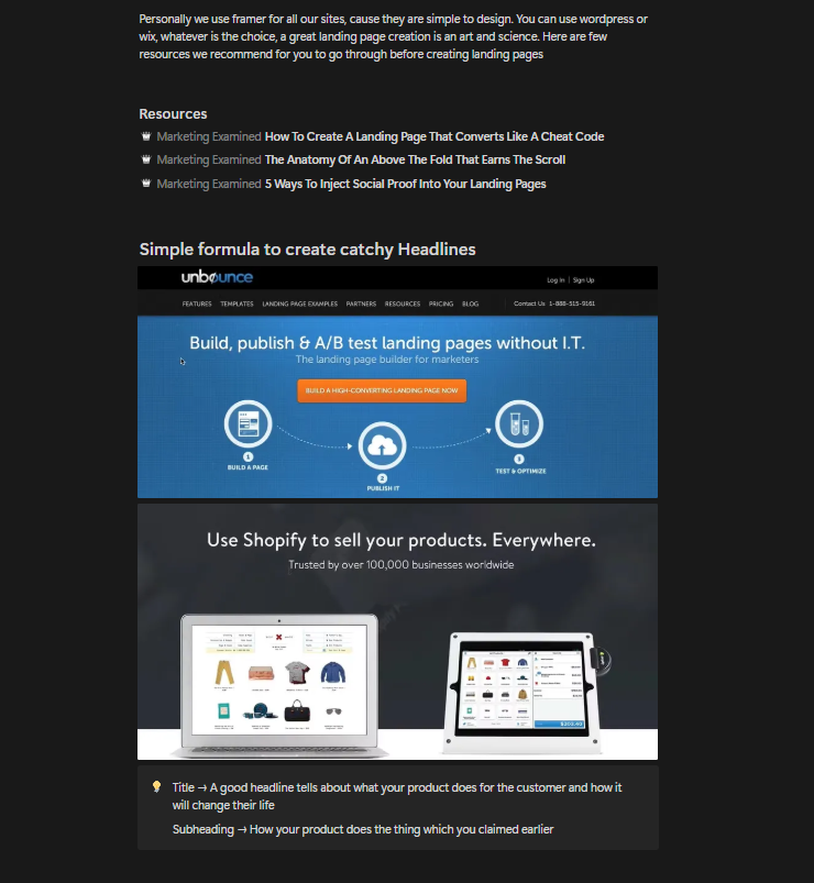 Landing page examples showing Unbounce and Shopify interfaces