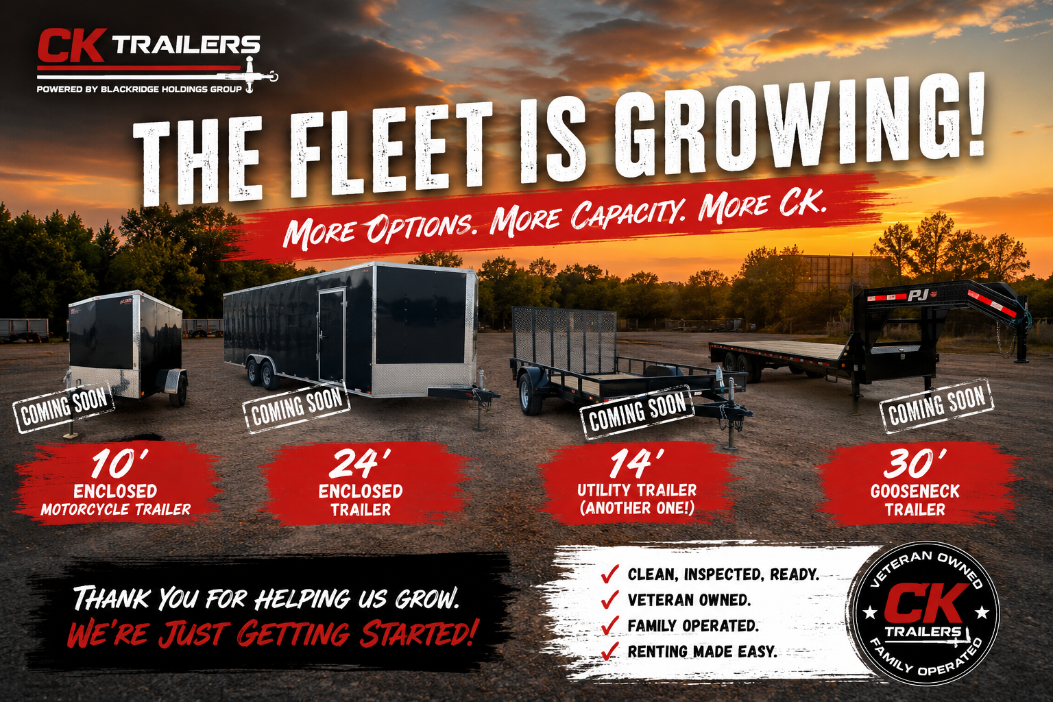 CK Trailers fleet expansion marketing graphic showing four coming soon trailers: 10-foot enclosed motorcycle trailer, 24-foot enclosed trailer, 14-foot utility trailer, and 30-foot gooseneck trailer