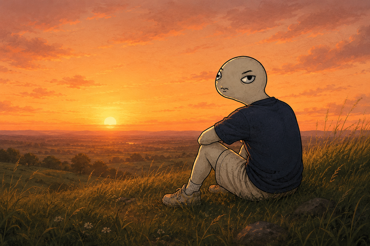 Normie sitting alone on a grassy hill watching an orange sunset