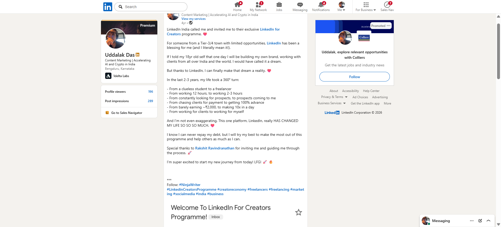 LinkedIn post about Uddalak Das joining the LinkedIn for Creators programme