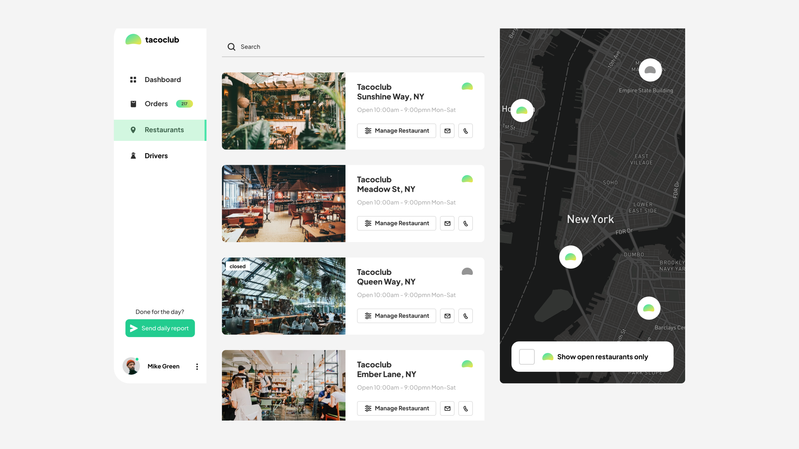 Restaurant management dashboard interface showing multiple locations and a map view