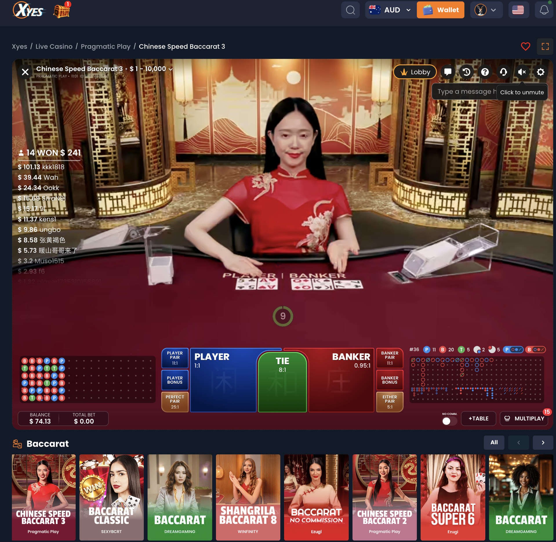 XYES live baccarat game interface showing betting options, live dealer, and game history