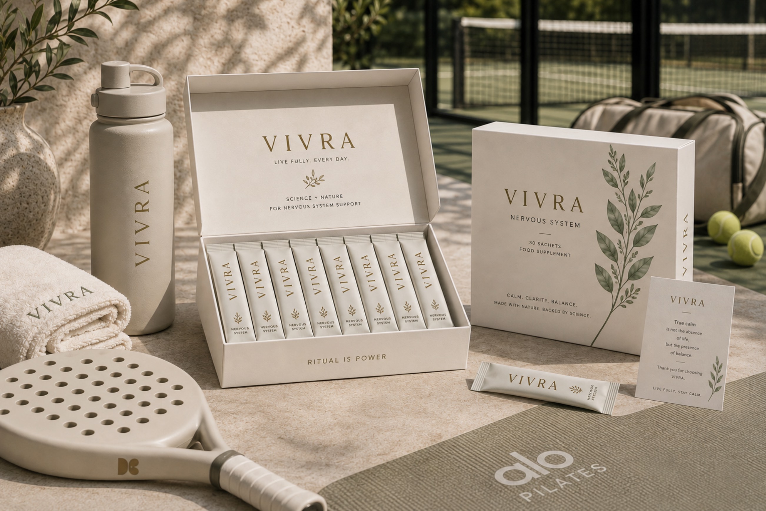 VIVRA gift box of sachets with matching water bottle, towel and padel racket courtside