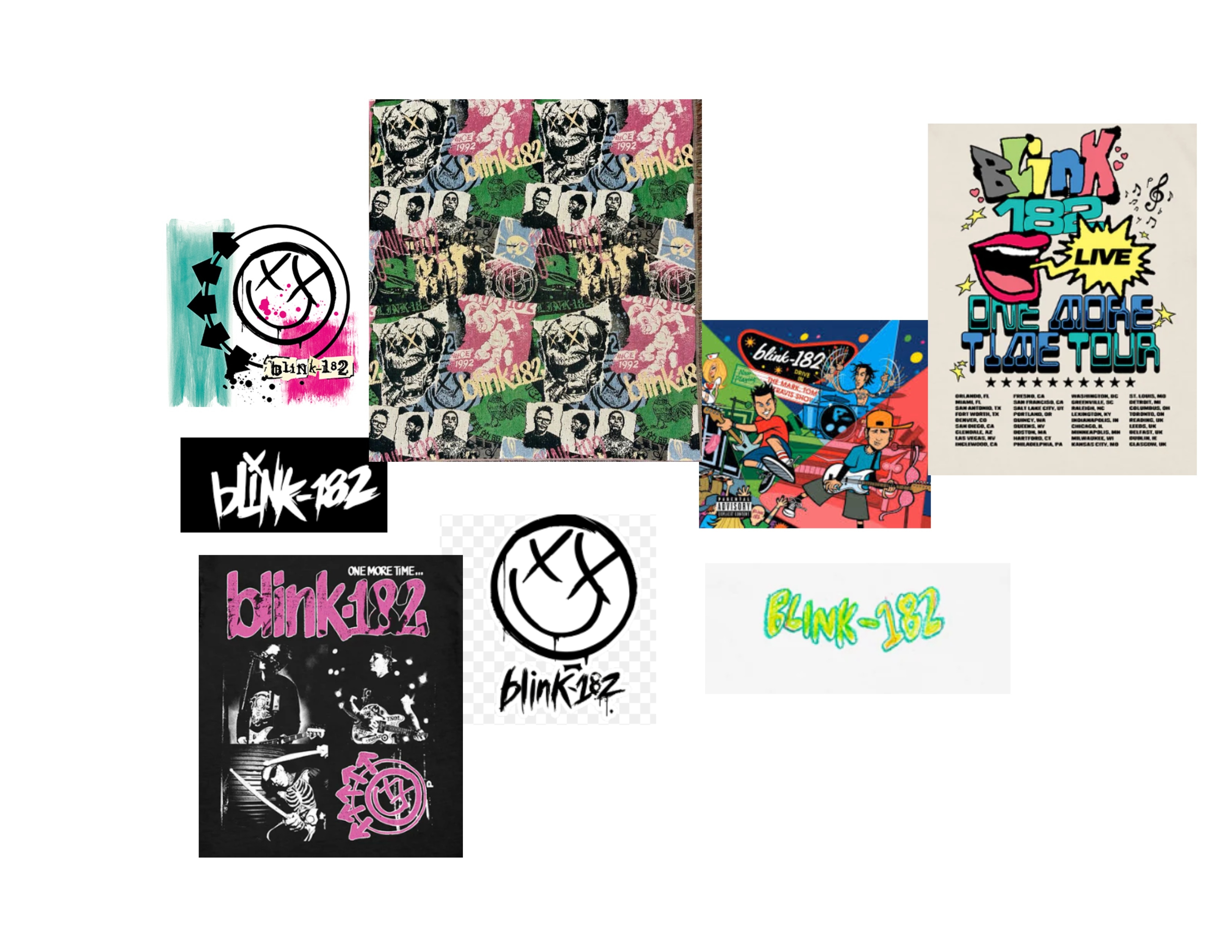 blink-182 mood board with logos, album covers, and the One More Time Tour poster