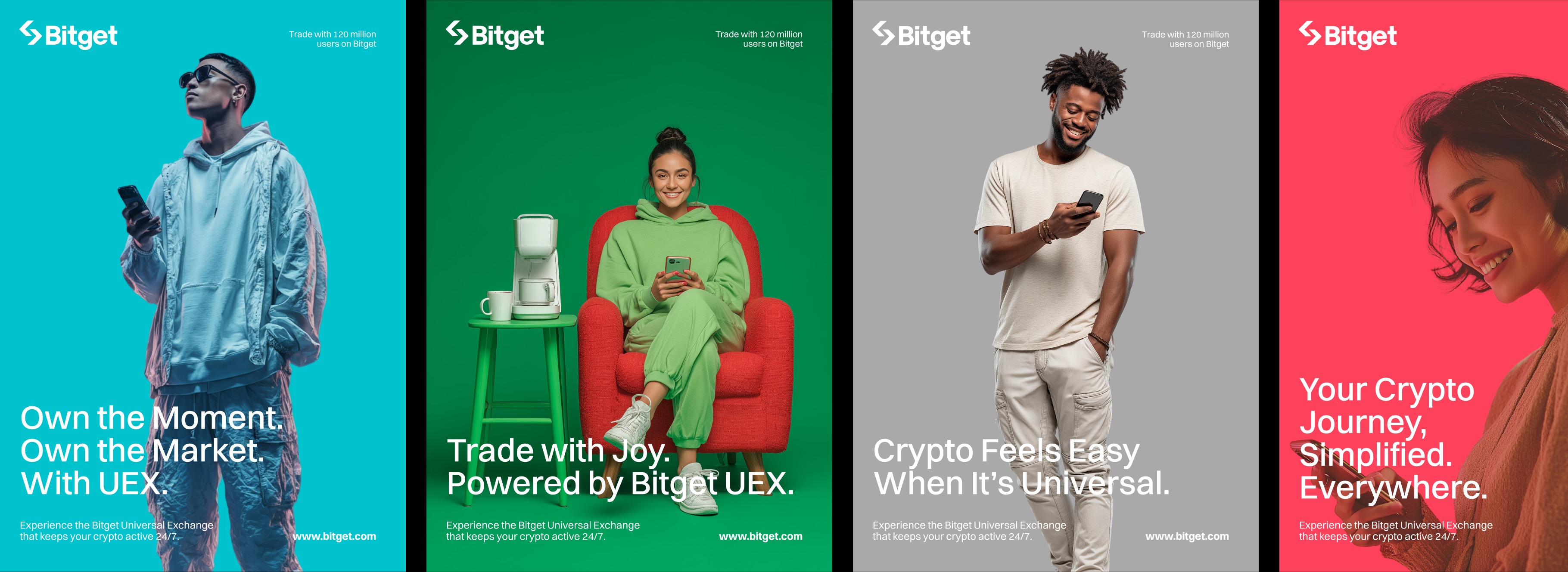Bitget UEX color-block campaign — four portraits on cyan, green, grey and pink backgrounds