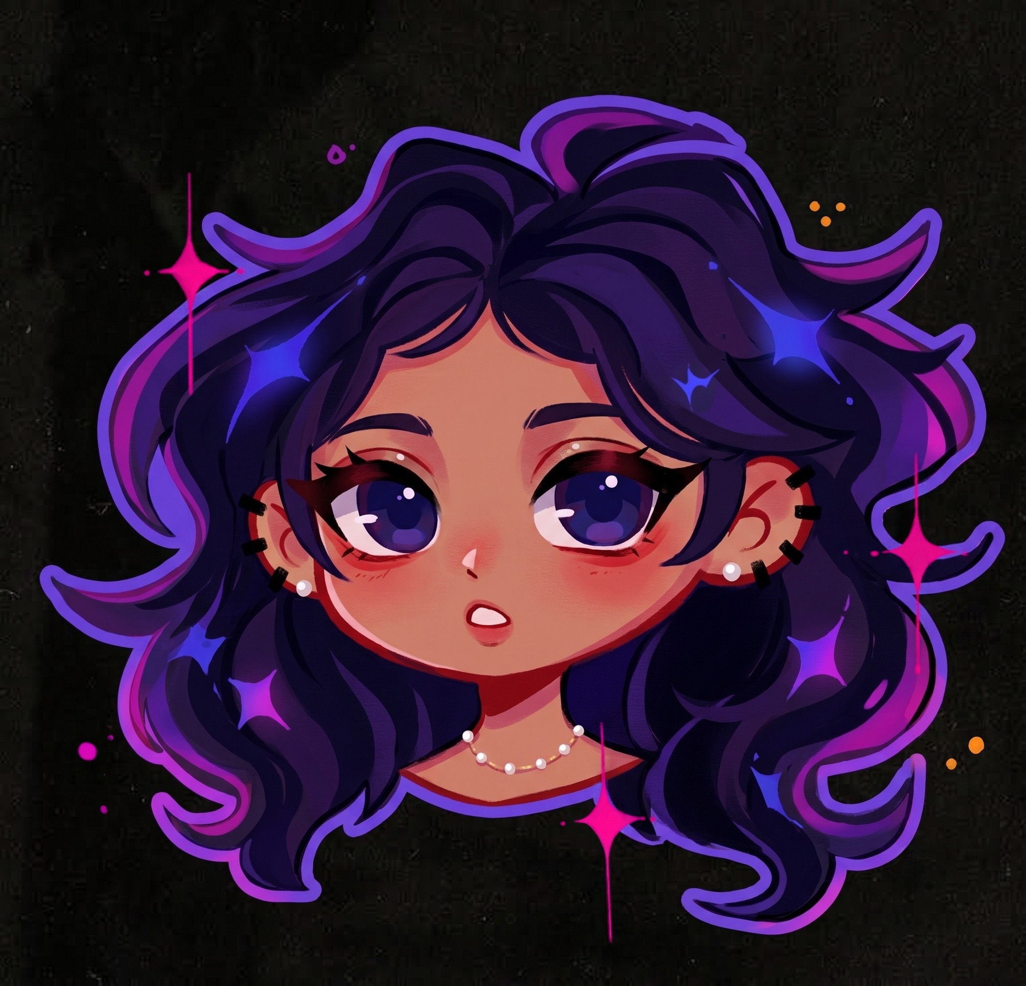 Illustrated portrait with purple hair and sparkling accents
