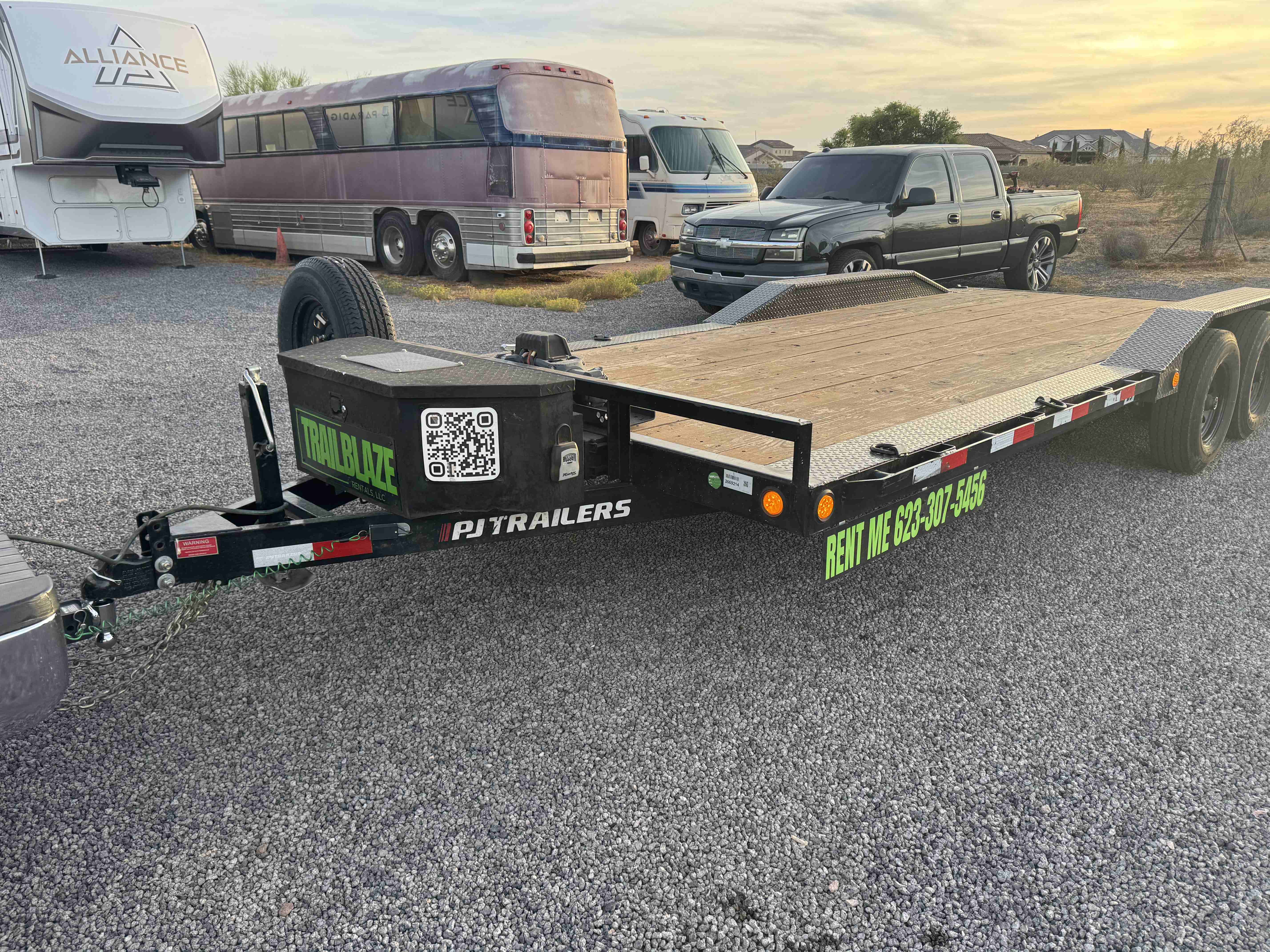 Trailblaze Rentals LLC trailer lot in Mesa, Arizona — car haulers and dump trailers available for rent