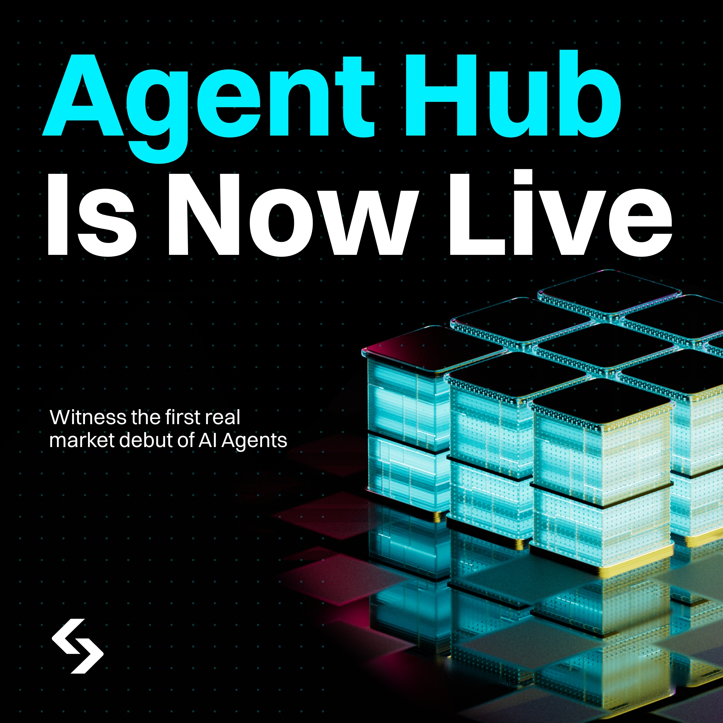 Agent Hub Is Now Live — teal headline, 3D stacked glowing modular cube grid with magenta reflections, Bitget S-mark bottom-left