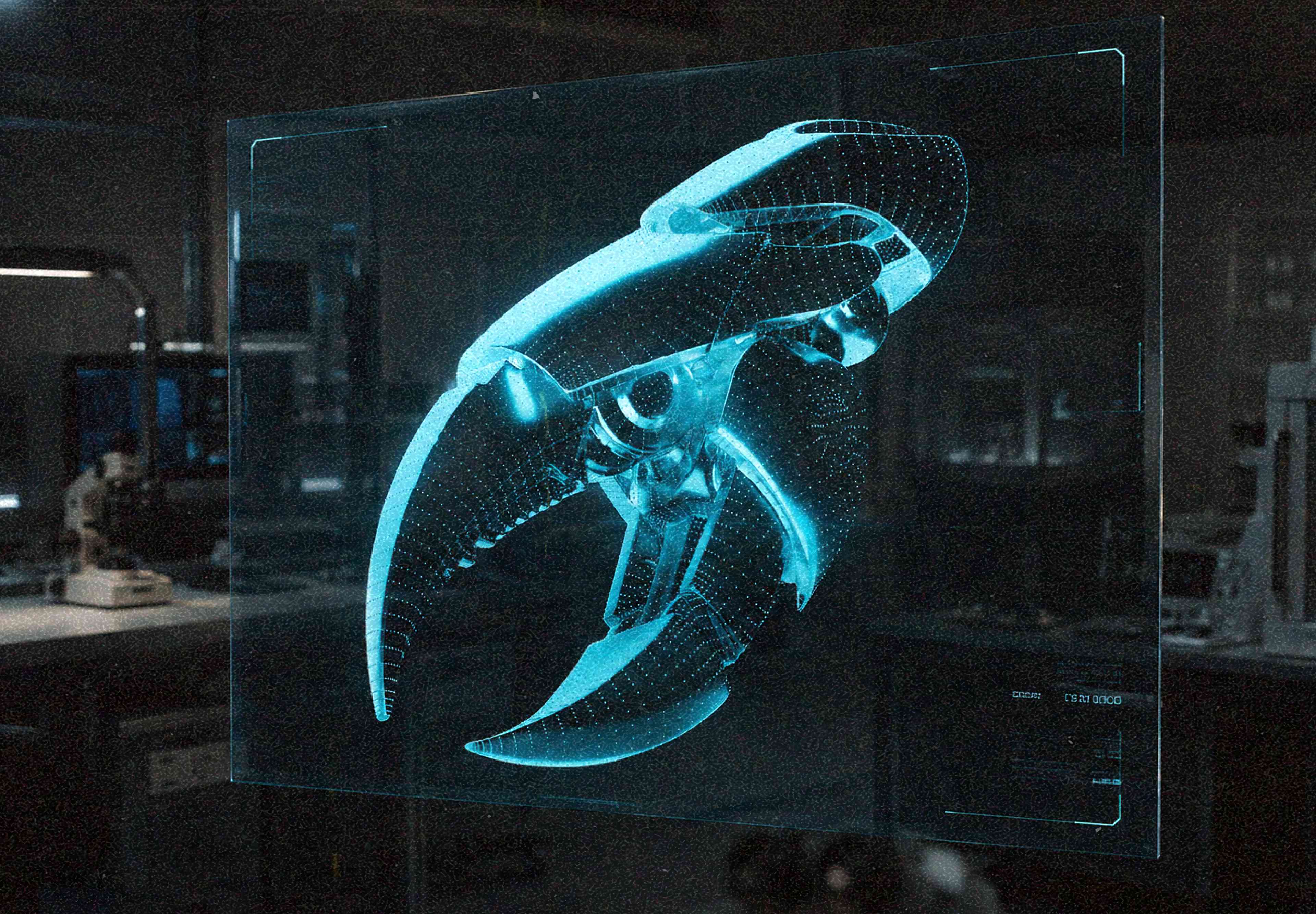 GetClaw — glowing teal holographic wireframe crab claw projected on a transparent glass panel in a dark laboratory