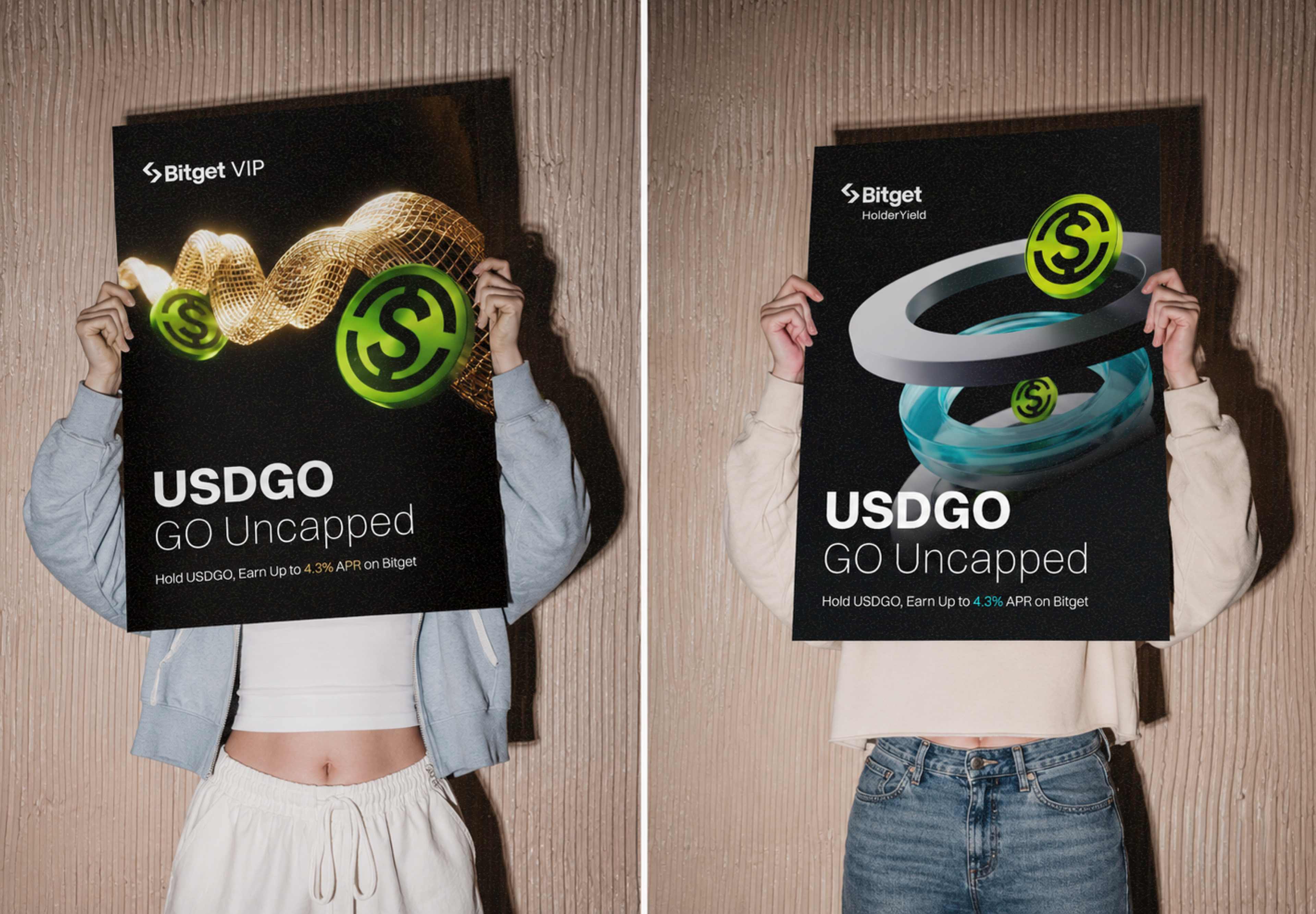 USDGO GO Uncapped — two people each holding a printed poster in front of their faces, Bitget VIP and HolderYield variants side by side