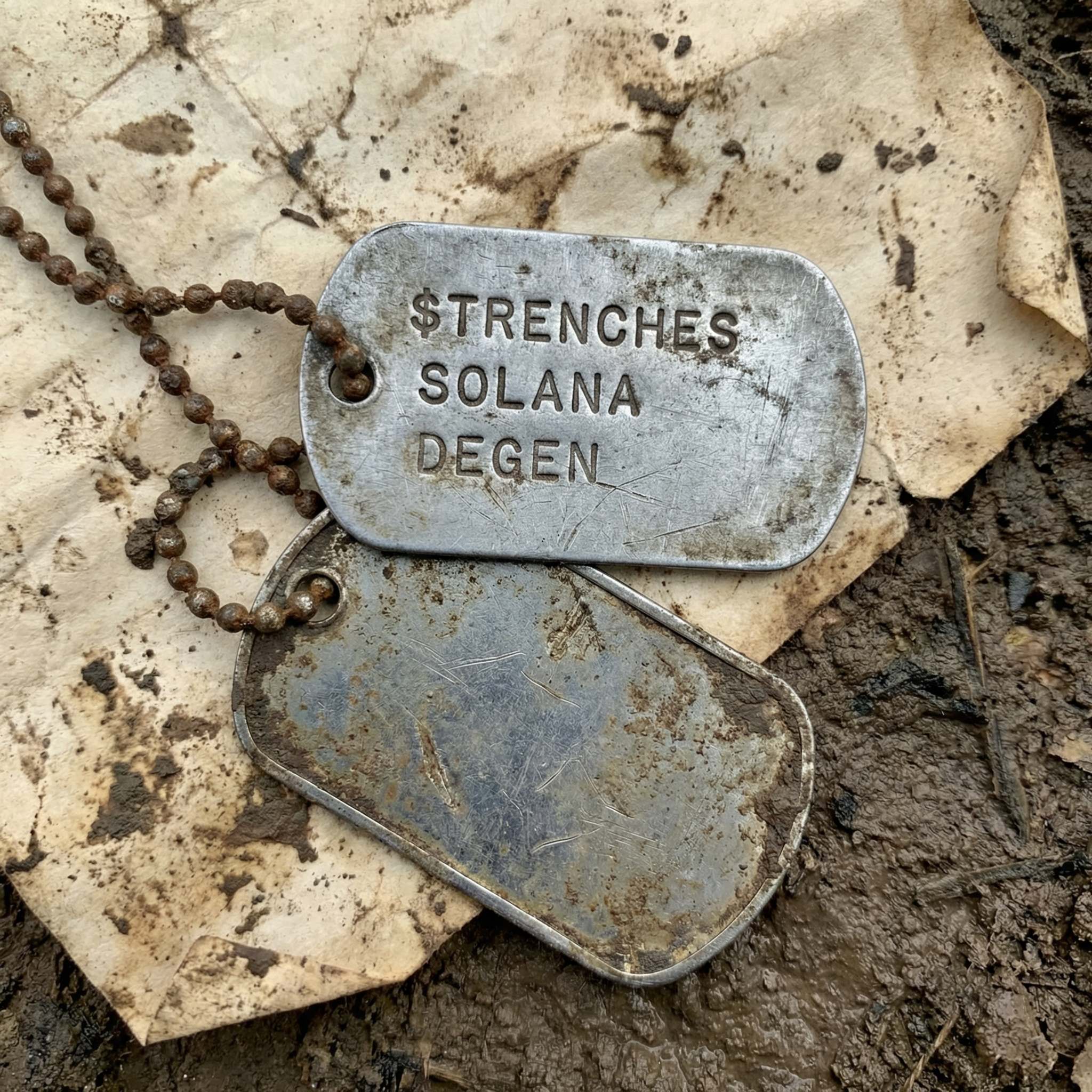 $TRENCHES SOLANA DEGEN — Military dog tags in the mud