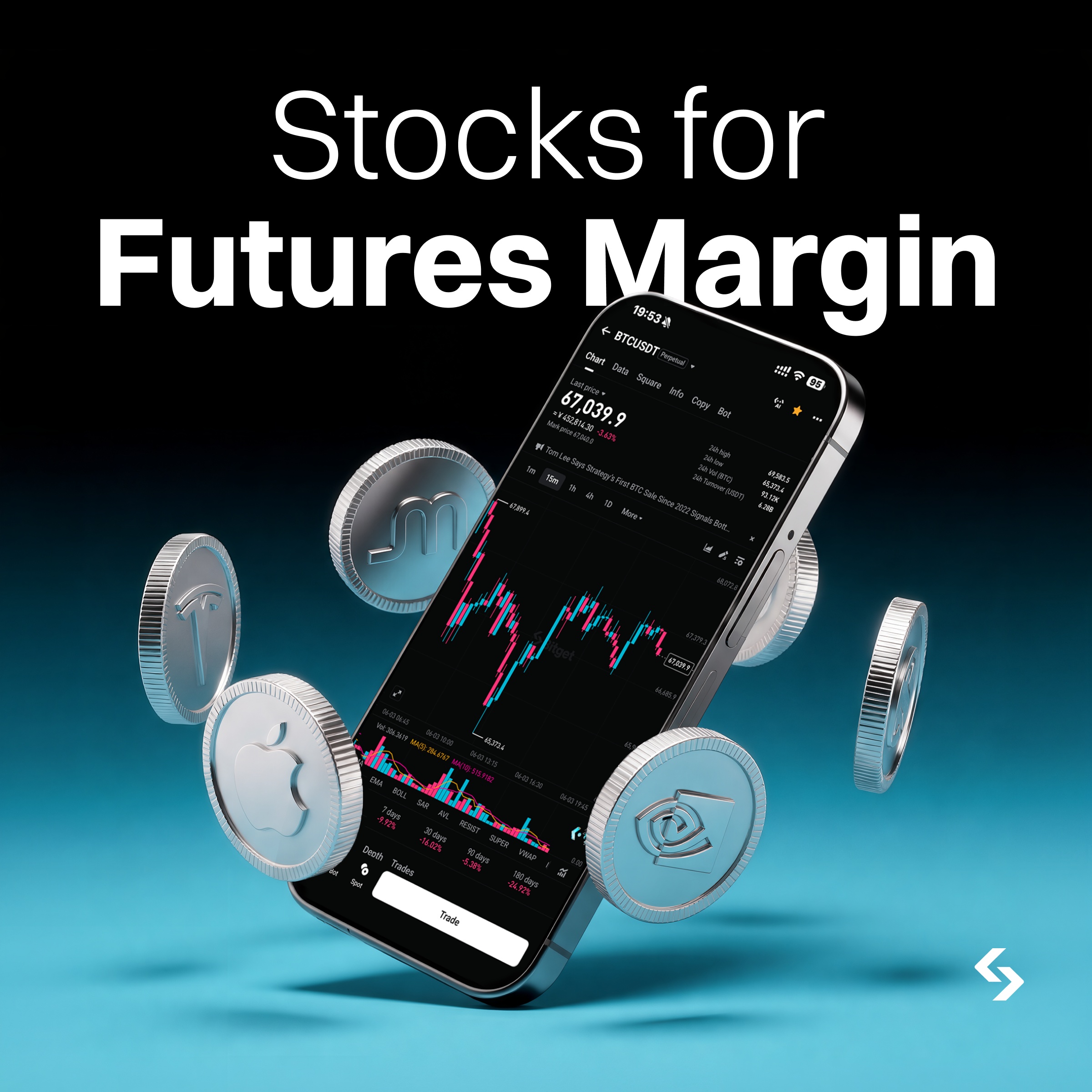 Stocks for Futures Margin — tilted iPhone showing BTCUSDT chart surrounded by silver Apple, Tesla, Meta, Nvidia stock token coins