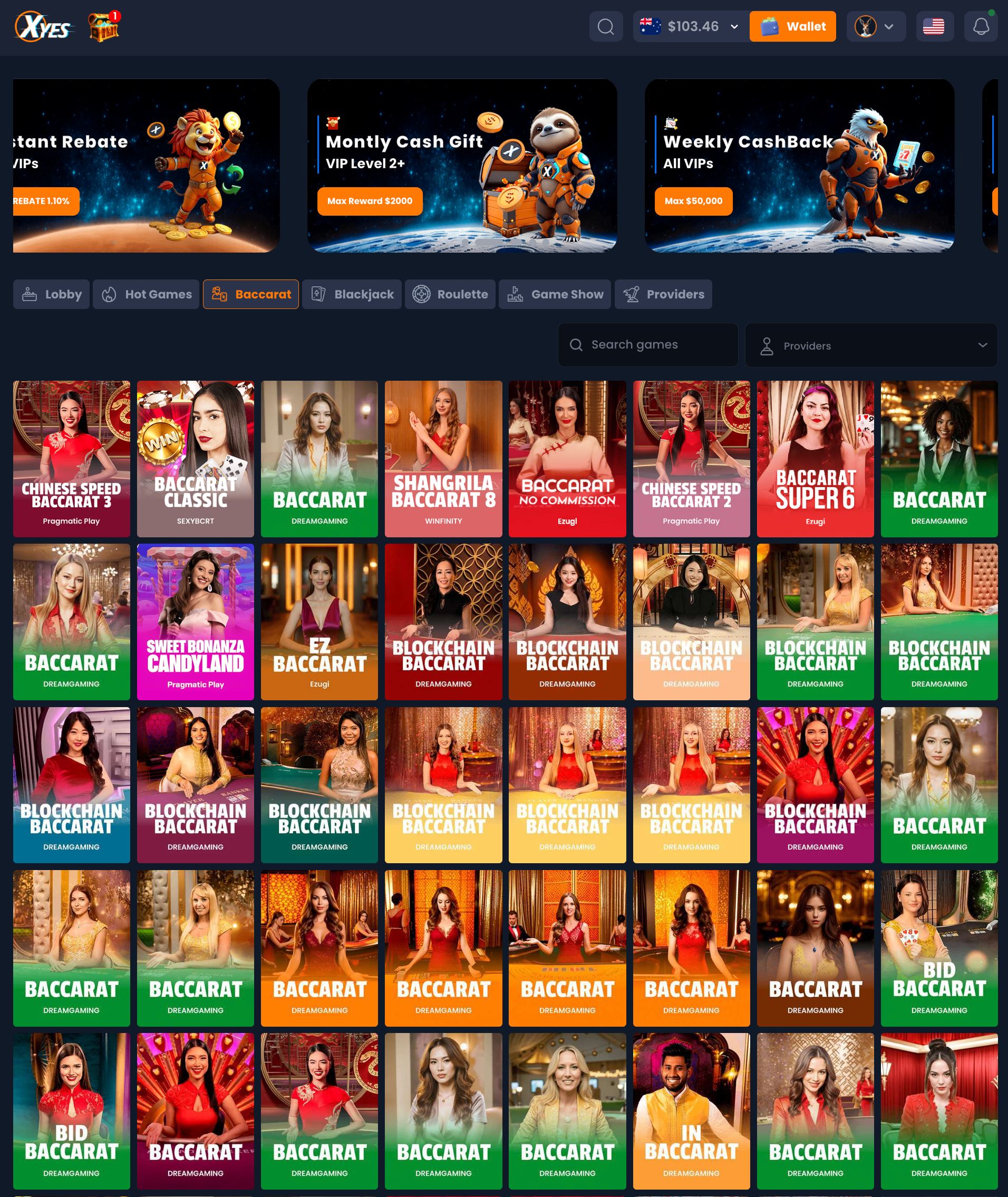 XYES live casino baccarat lobby showing multiple game variants and live dealers