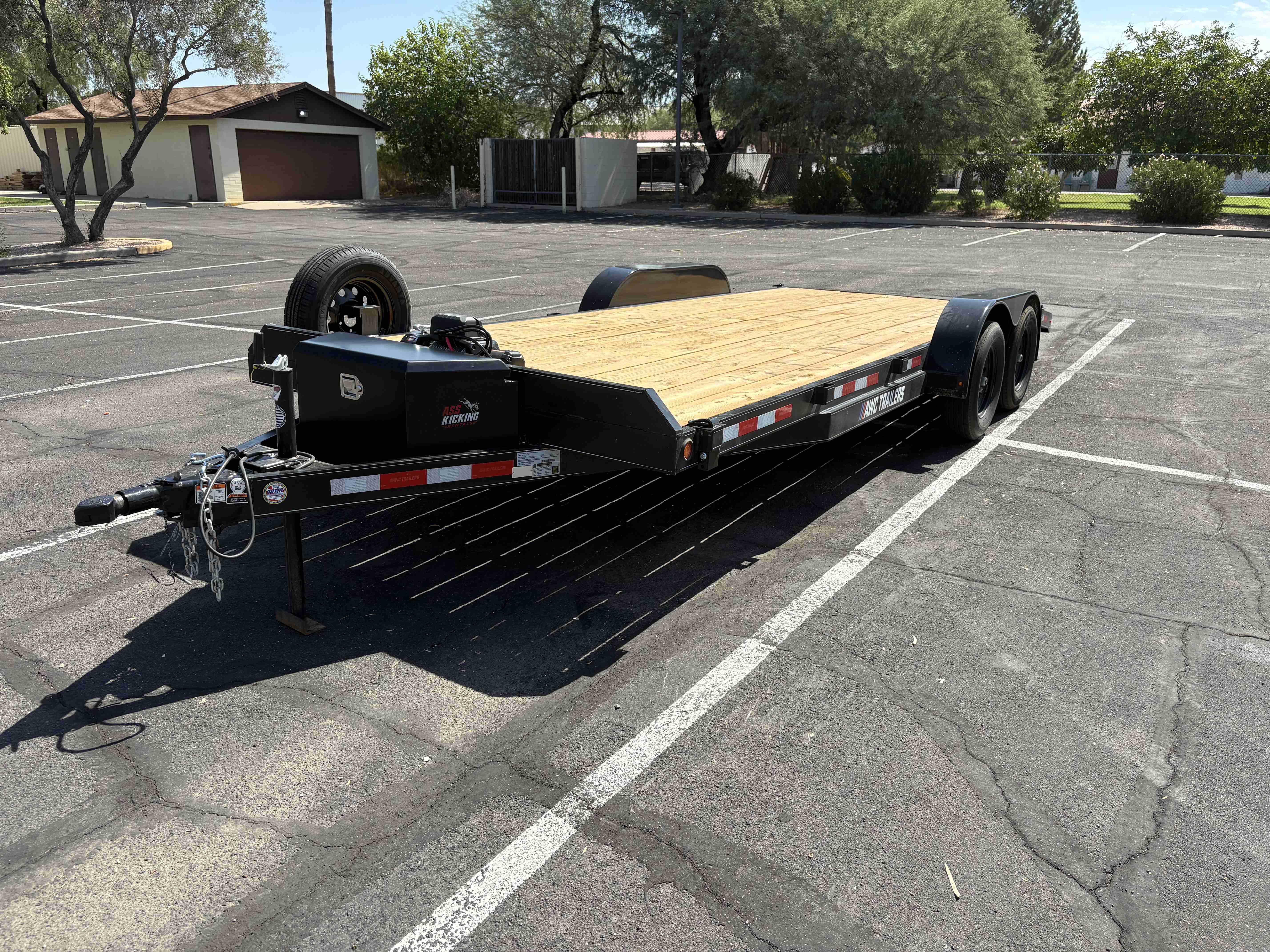 AWC 83-inch x 20ft car hauler trailer front-right angle empty — available for rent in Mesa AZ