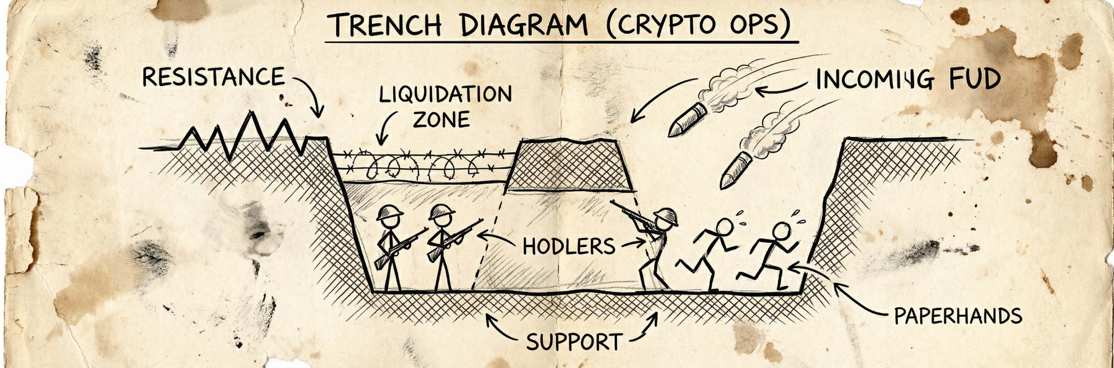 Trench Diagram: Resistance, Liquidation Zone, Hodlers, Paperhands, Incoming FUD, Support