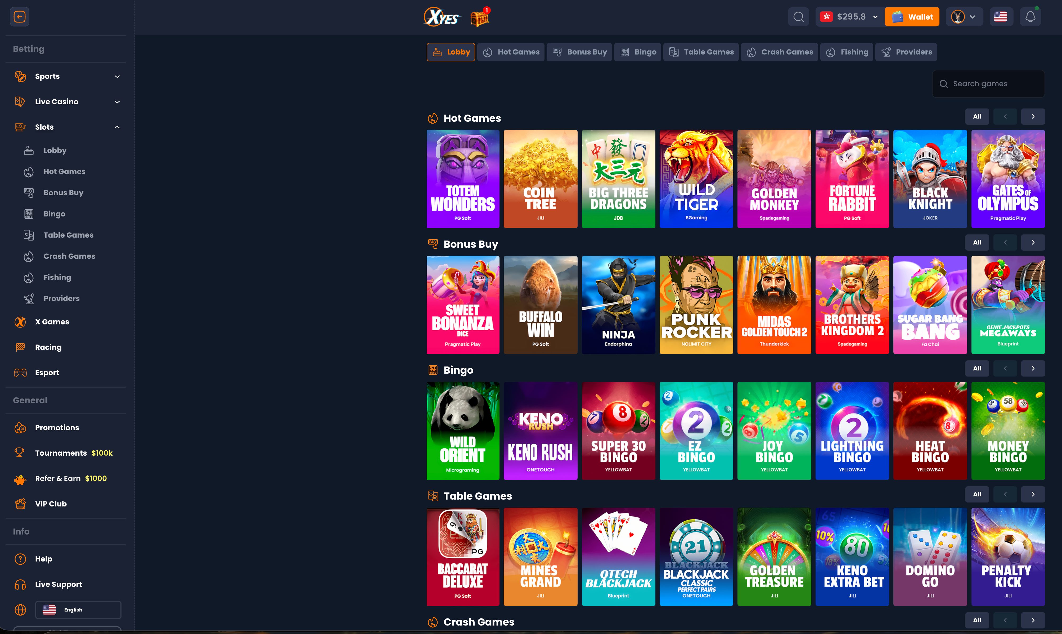 XYES Full Game Lobby - Hot Games, Bonus Buy, Bingo, Table Games, Crash Games from 50+ providers