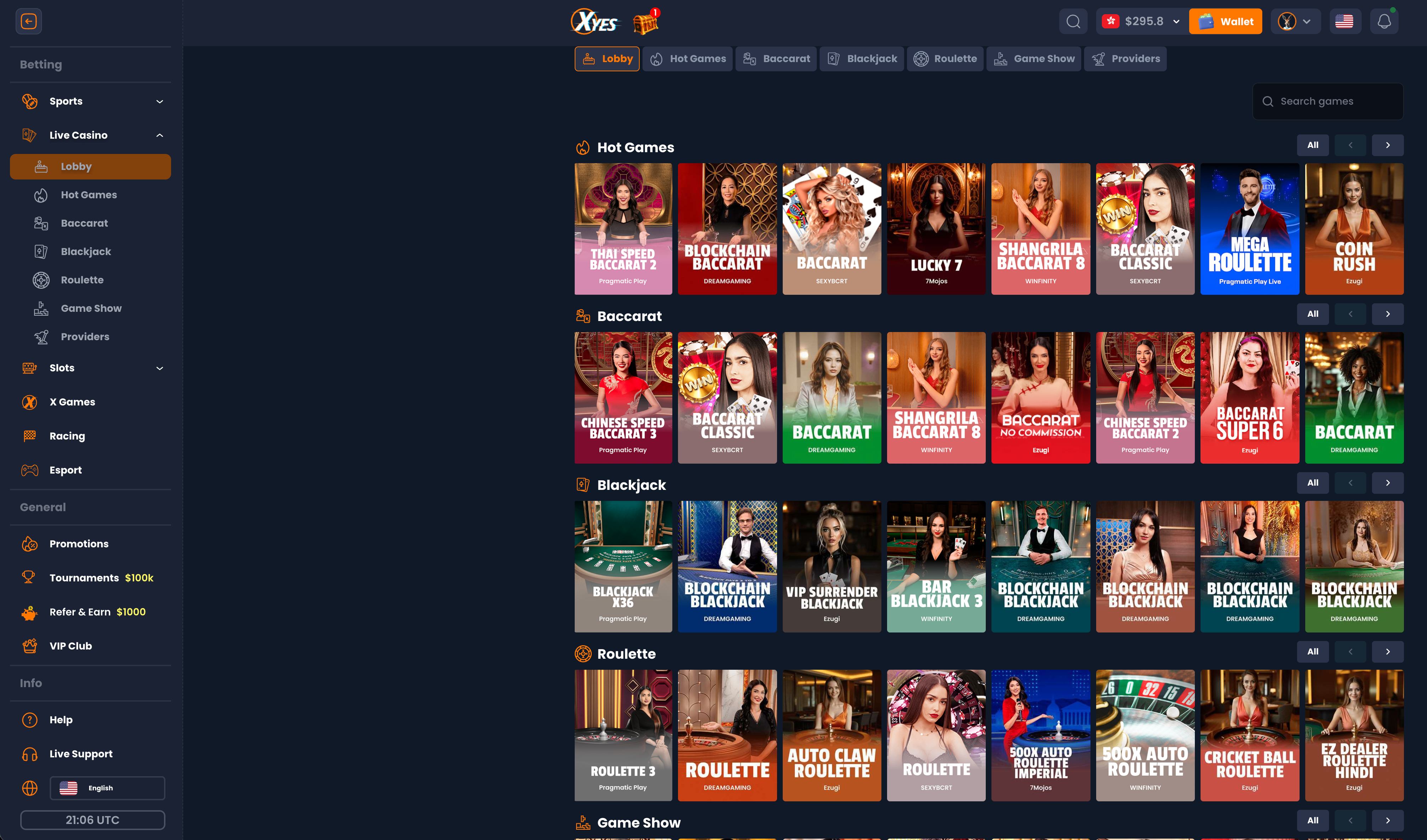 XYES Live Casino - Real dealer games: Baccarat, Blackjack, Roulette, Game Show from Evolution and Pragmatic Play